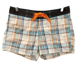 Y2K H&M Plaid Swim Shorts Womens Size 30 Surfer Grunge Lined Brown Orange Blue